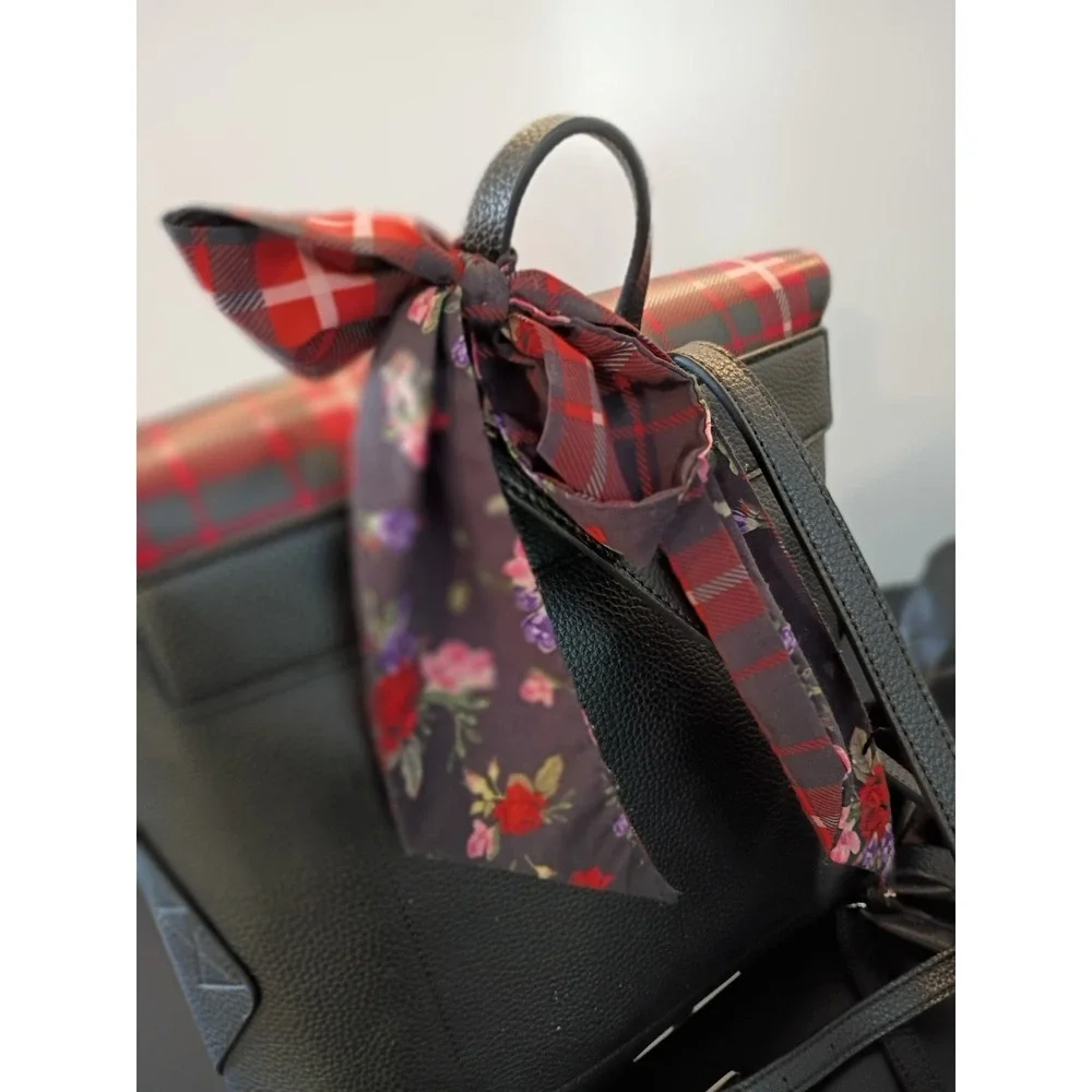 Steve Madden Black Pebbled Plaid Flap Backpack with‎ Floral Scarf Accent